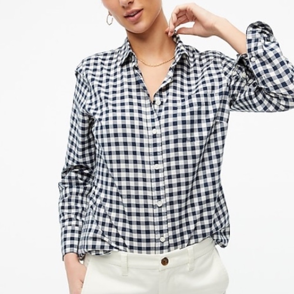 J. Crew Black/White Gingham Button Down Boy Shirt Cotton/Modal Stretch Sz 0